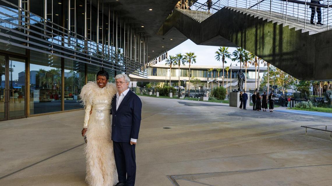 LOS ANGELES, CA - APRIL 16, 2026: Melody Hobbs and George Lucas attend LACMA's Opening Gala for the David Geffen Galleries at Los Angeles County Museum of Art on April 16, 2026 in Los Angeles, CA. (Gina Ferazzi / Los Angeles Times)