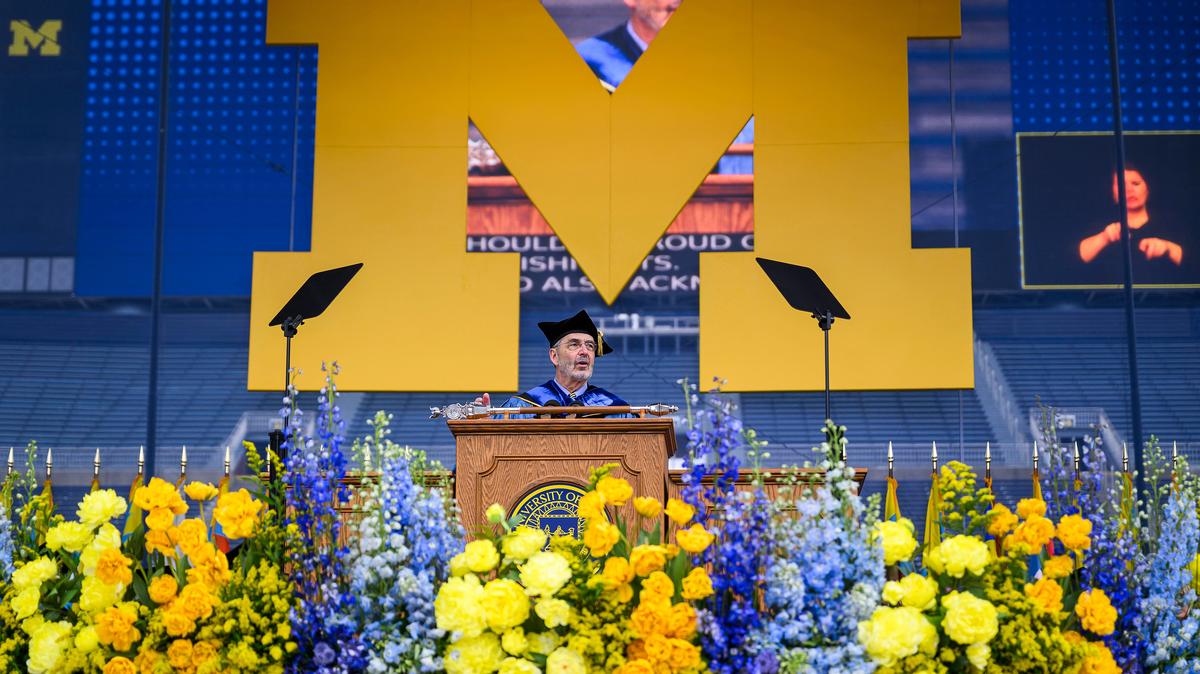 University of Michigan President Domenico Grasso speaks during the 2026 Spring Commencement Ceremony on Saturday, May 2, 2026, at the Big House in Ann Arbor, Michigan. (Katy Kildee/The Detroit News/TNS)
