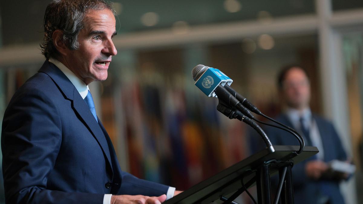 Rafael Mariano Grossi, chief of the U.N.'s International Atomic Energy Agency, speaks to members of the media after an informal dialogue for the candidacy position of the next Secretary-General at the United Nations headquarters on April 21, 2026, in New York. (Michael M. Santiago/Getty Images/TNS)