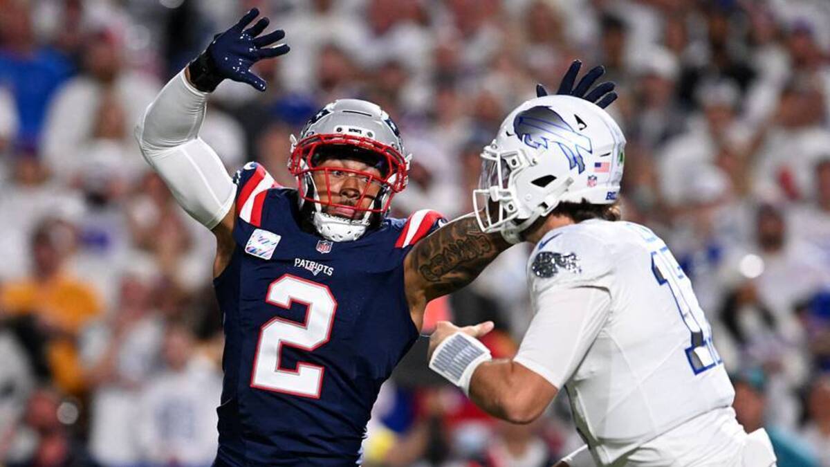  Oct 5, 2025; Orchard Park, New York, USA; New England Patriots linebacker Harold Landry III (2) pressures Buffalo Bills quarterback Josh Allen (17) during the first half at Highmark Stadium. Mandatory Credit: Mark Konezny-Imagn Images | IMAGN IMAGES via Reuters Connect 