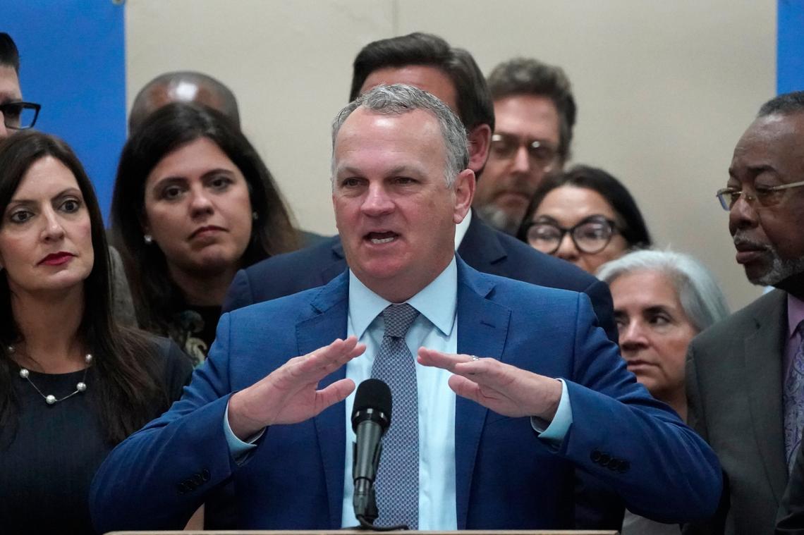 In this May 11, 2021, file photo, Florida Education Commissioner Richard Corcoran speaks during a bill signing ceremony at St. John the Apostle School in Hialeah. Florida is the last state to submit a plan to the U.S. Department of Education that’s required before more than $2.3 billion in federal aid for Florida schools can be released. The department sent a letter Monday, Oct. 4, 2021, to Corcoran saying the state has missed the deadline to release the final round of federal relief money for schools.