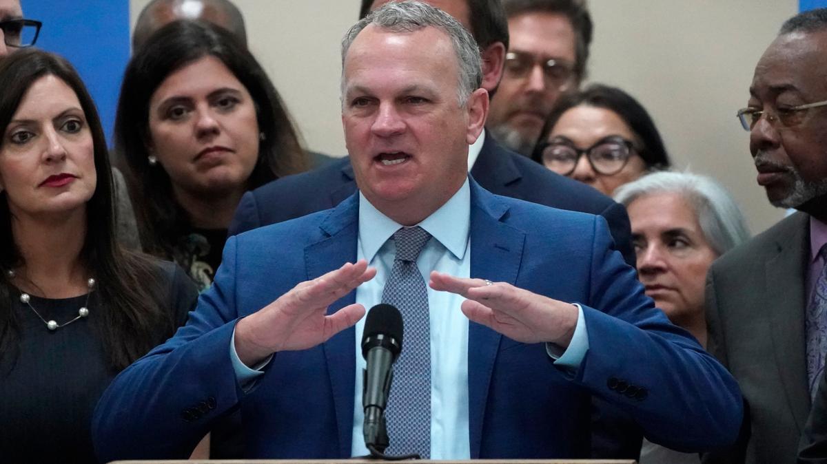 In this May 11, 2021, file photo, then-Education Commissioner Richard Corcoran speaks during a bill-signing ceremony at St. John the Apostle School in Hialeah.