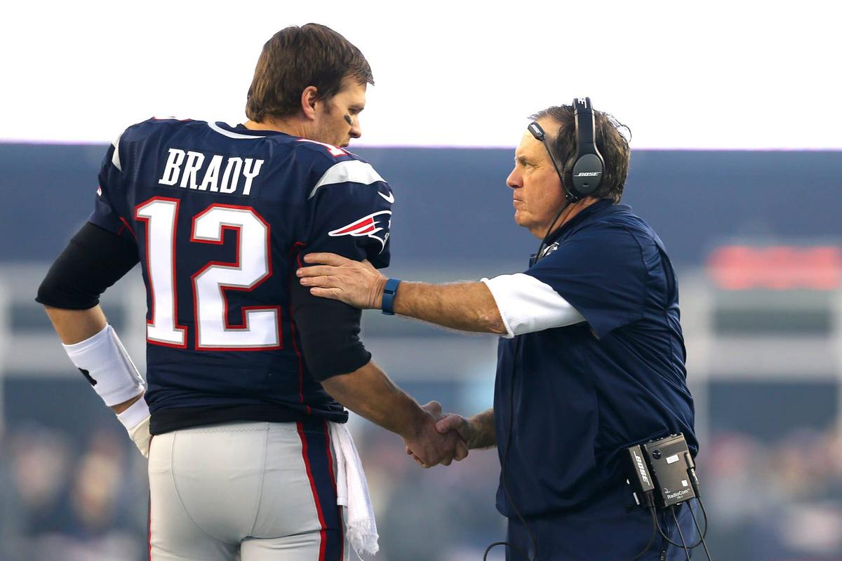  Tom Brady #12 and head coach Bill Belichick. 