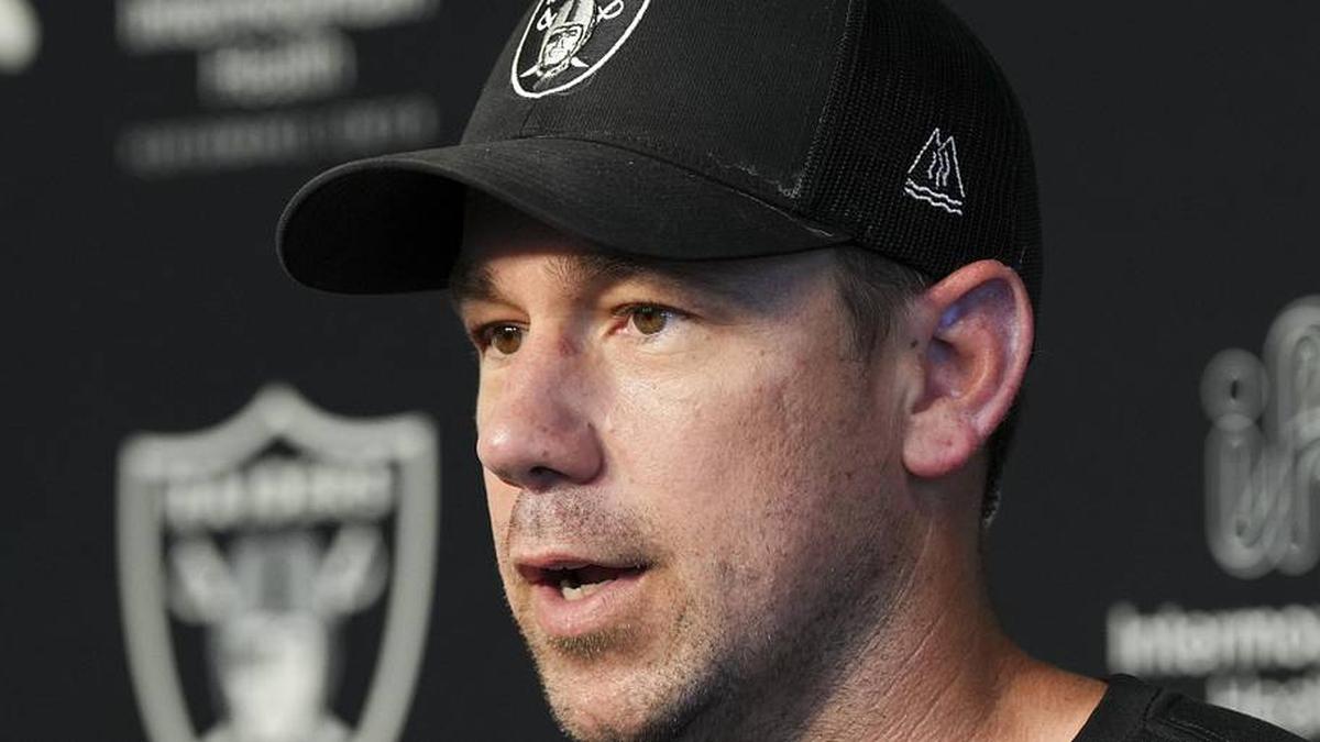  May 20, 2026; Henderson, NV, USA; Las Vegas Raiders head coach Klint Kubiak speaks during a news conference during organized team activities at Intermountain Health Performance Center. Mandatory Credit: Candice Ward-Imagn Images | Candice Ward-Imagn Images 