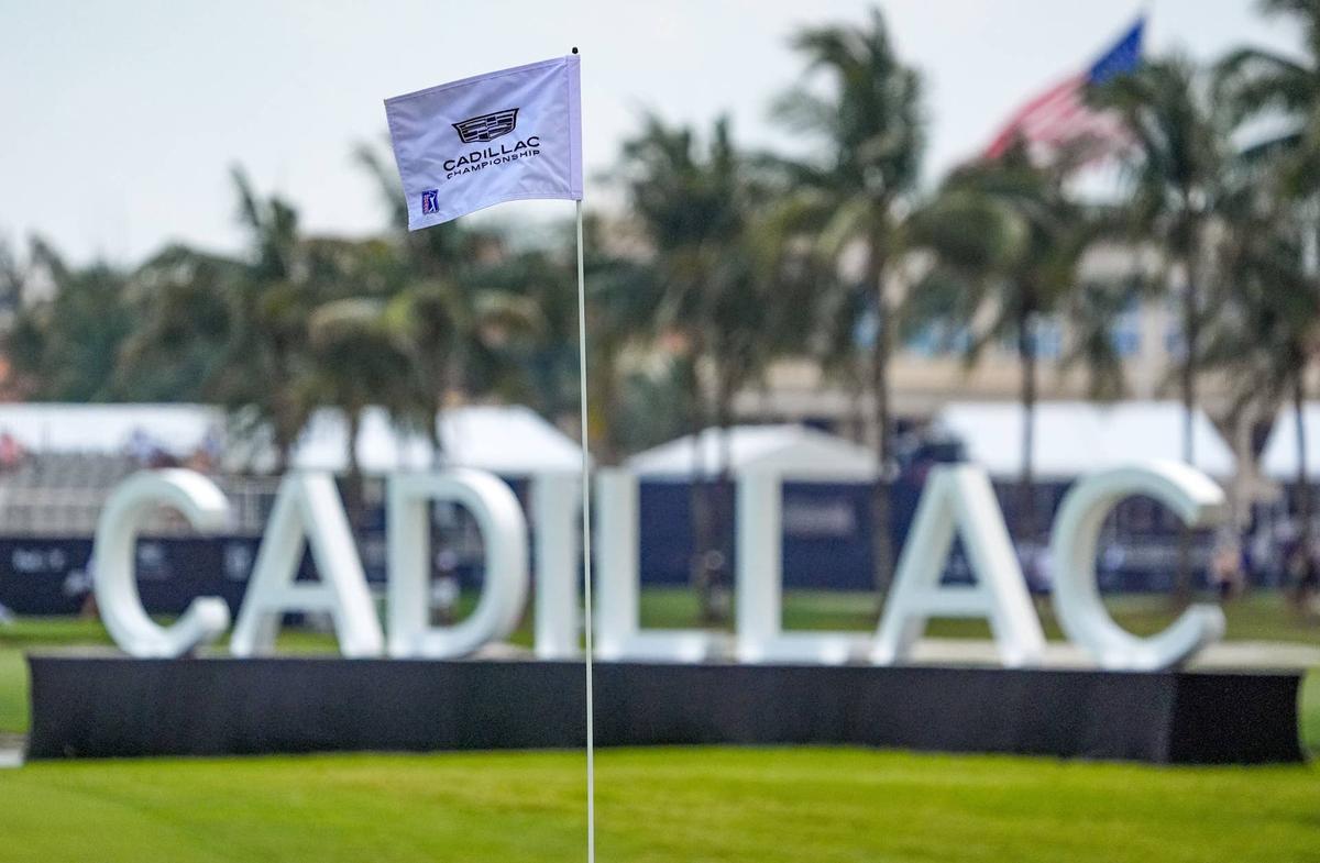  May 2, 2026; Miami, Florida, USA; A view of the flag on the 10th hole during the third round of the Cadillac Championship golf tournament. Mandatory Credit: Jeff Romance-Imagn Images 