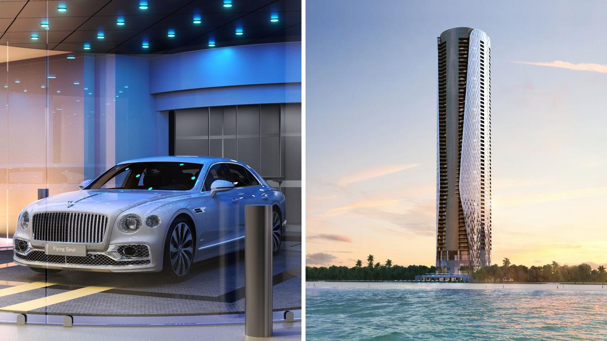 Renderings of the car elevator and exterior of Bentley Residences. Renderings of the car elevator and exterior of Bentley Residences.
