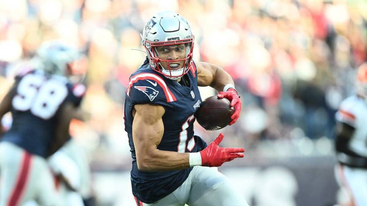  Oct 26, 2025; Foxborough, Massachusetts, USA; New England Patriots wide receiver Mack Hollins (13) runs with the ball during the fourth quarter against the Cleveland Browns at Gillette Stadium. Mandatory Credit: Brian Fluharty-Imagn Images | IMAGN IMAGES via Reuters Connect 