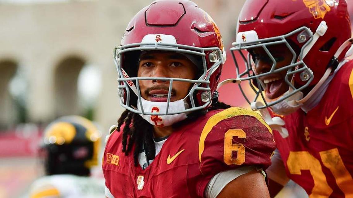  Nov 15, 2025; Los Angeles, California, USA; Southern California Trojans wide receiver Makai Lemon (6) celebrates his touchdown scored against the Iowa Hawkeyes with running back Bryan Jackson (21) during the second half at the Los Angeles Memorial Coliseum. | Gary A. Vasquez-Imagn Images 