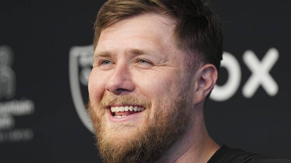  May 20, 2026; Henderson, NV, USA; Las Vegas Raiders offensive tackle Kolton Miller (74) speaks during a news conference during organized team activities at Intermountain Health Performance Center. Mandatory Credit: Candice Ward-Imagn Images | Candice Ward-Imagn Images 