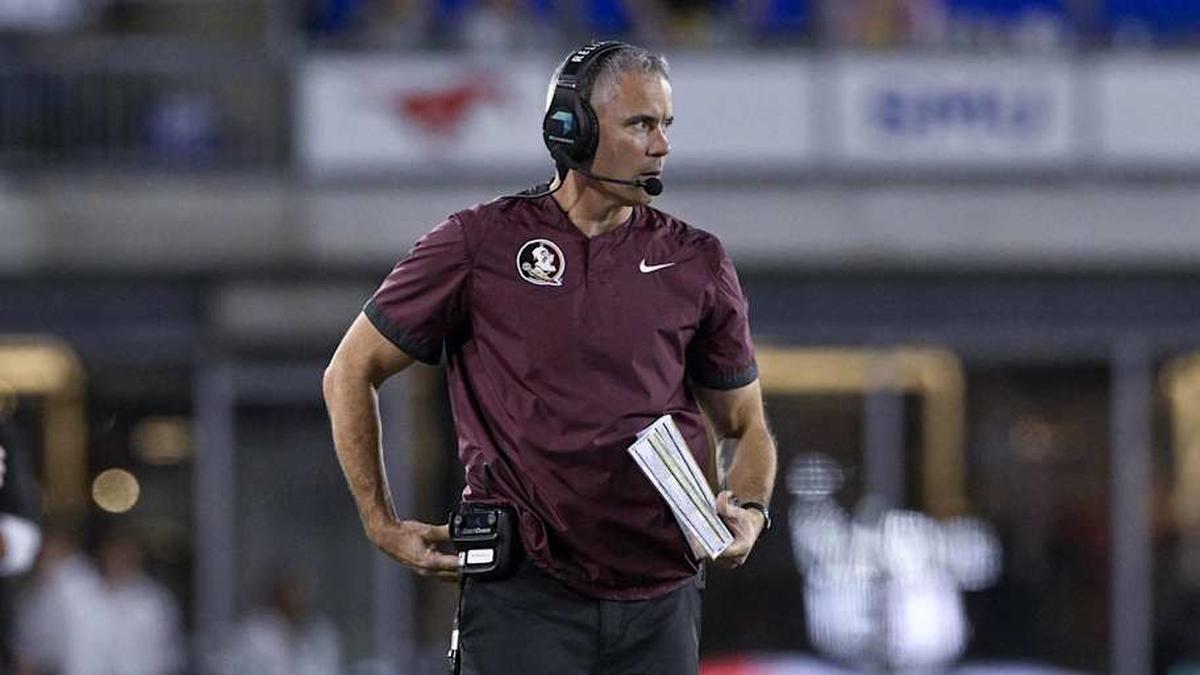  Sep 28, 2024; Dallas, Texas, USA; Florida State Seminoles head coach Mike Norvell looks on during the second half against the Southern Methodist Mustangs at Gerald J. Ford Stadium. Mandatory Credit: Jerome Miron-Imagn Images | Jerome Miron-Imagn Images 