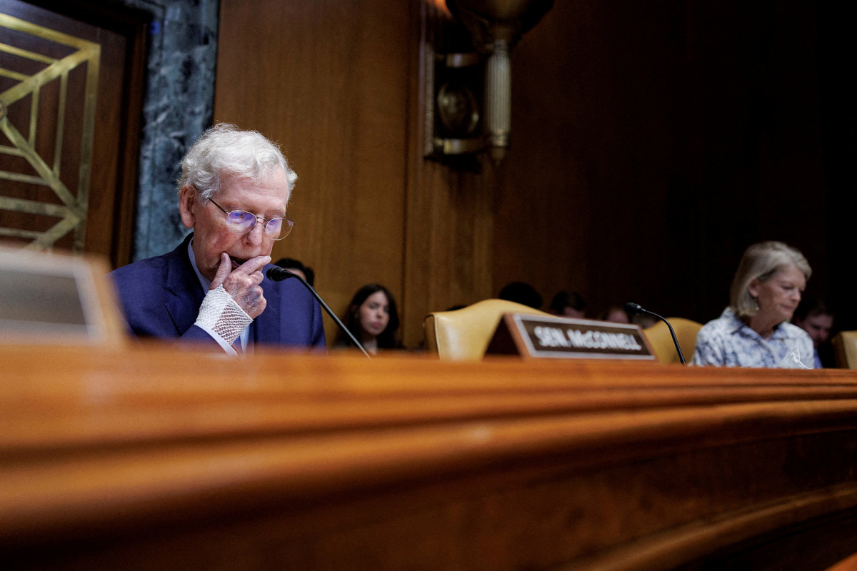 FILE PHOTO: U.S. Senate Appropriations Subcommittee on Defense Chair Senator Mitch McConnell (R-KY) speaks during a hearing on Capitol Hill in Washington, D.C., U.S, May 19, 2026. REUTERS/Tom Brenner/File Photo