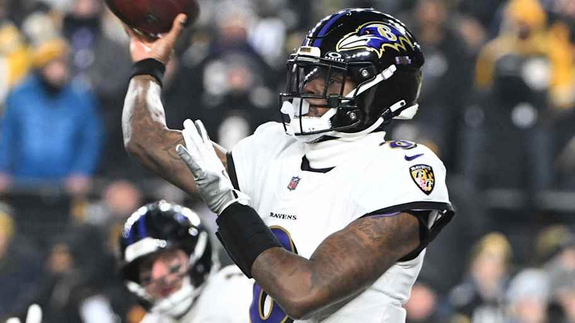  Jan 4, 2026; Pittsburgh, Pennsylvania, USA; Baltimore Ravens quarterback Lamar Jackson (8) drops back to pass against the Pittsburgh Steelers during the first half at Acrisure Stadium. Mandatory Credit: Barry Reeger-Imagn Images | Barry Reeger-Imagn Images 
