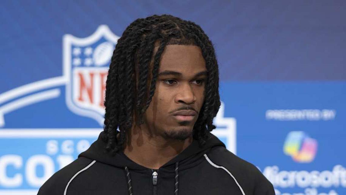  Feb 26, 2026; Indianapolis, IN, USA; Tennessee defensive back Jermod McCoy (DB20) speaks to media members during the NFL Combine at the Indiana Convention Center. Mandatory Credit: Jacob Musselman-Imagn Images | Jacob Musselman-Imagn Images 