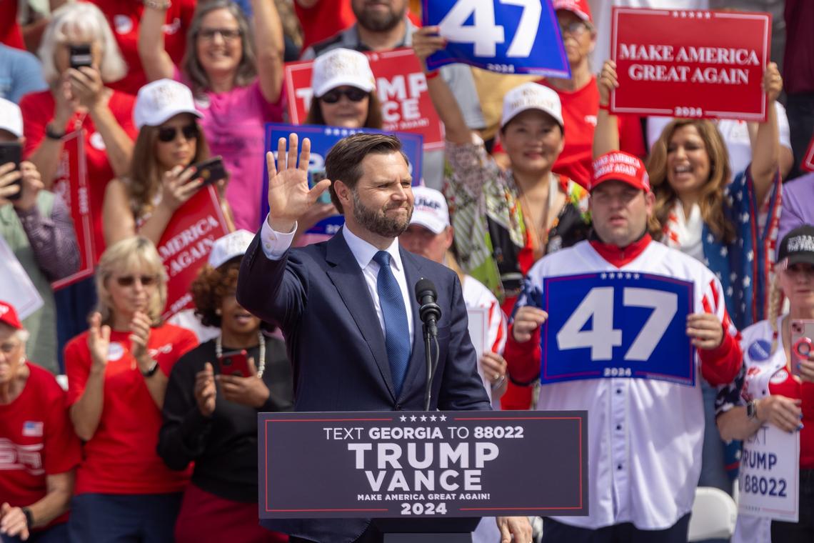 JD Vance makes a campaign stop in October 2024. The vice president has criticized California Gov. Gavin Newsom’s mimicry of President Donald Trump’s online presence. 