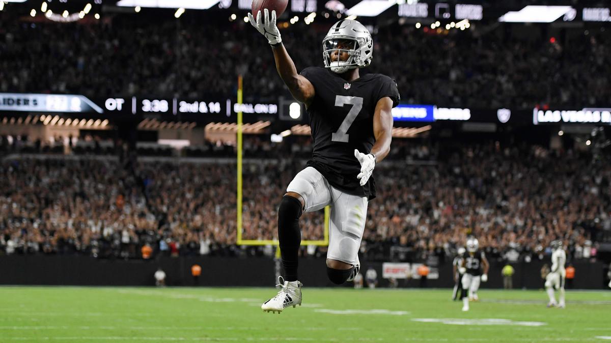 Las Vegas Raiders wide receiver Zay Jones (7) celebrates after scoring a game winning touchdown against the Baltimore Ravens during overtime in an NFL football game, Monday, Sept. 13, 2021, in Las Vegas. (AP Photo/David Becker)