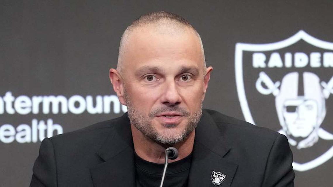  Apr 24, 2026; Henderson, NV, USA; Las Vegas Raiders quarterback Fernando Mendoza (right) and general manager John Spytek at introductory press conference at Intermountain Health Performance Center after being selected as the No. 1 pick in the 2026 NFL Draft. Mandatory Credit: Kirby Lee-Imagn Images | Kirby Lee-Imagn Images 