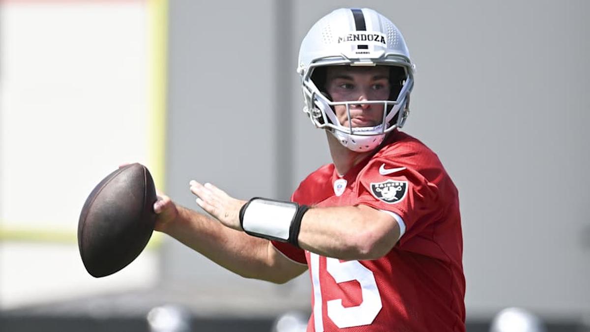  May 2, 2026; Henderson, NV, USA; Las Vegas Raiders quarterback Fernando Mendoza (15) runs through a drill during a Rookie Minicamp at Intermountain Health Performance Center. Mandatory Credit: Candice Ward-Imagn Images | Candice Ward-Imagn Images 