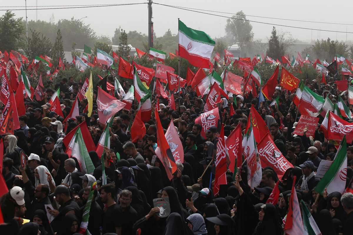 People attend a funeral procession for Iran's late Supreme Leader Ayatollah Ali Khamenei, who was killed on February 28 in Israeli and U.S. airstrikes, in Qom, Iran July 7, 2026. Azam Dadashi/ISNA/via WANA (West Asia News Agency)via REUTERS
