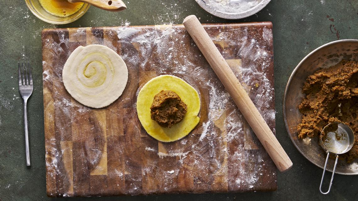 The rounds for the beef patties are then rolled out and filled. Yewande Komolafe's version, inspired by the chef Paul Carmichael, chases the brilliant balance of the original.
