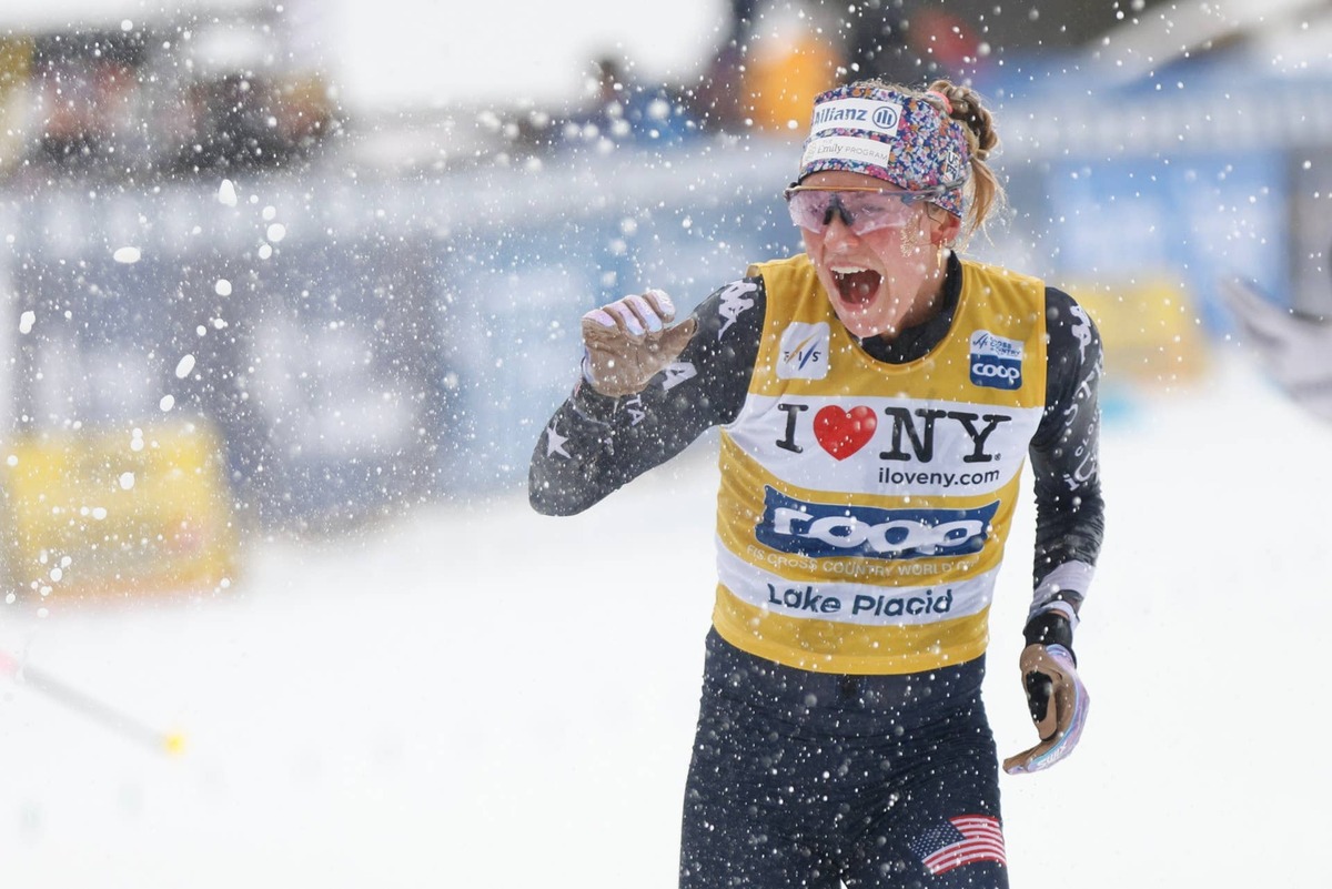  Jessie Diggins celebrates in Lake Placid, New York.