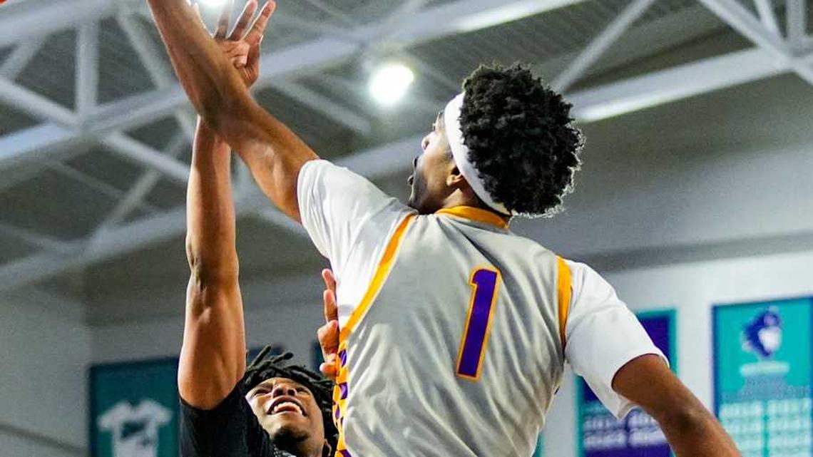  Montverde Academy Eagles forward Joe Philon (1) blocks a shot attempt from Gillion Academy Lions guard Jayden Joseph (1) during the fourth quarter of a City of Palms Classic Signature Series game at Suncoast Credit Union Arena in Fort Myers, Fla., on Friday, Dec. 19, 2025. | Jonah Hinebaugh/Naples Daily News/USA Today Network-Florida / USA TODAY NETWORK via Imagn Images 