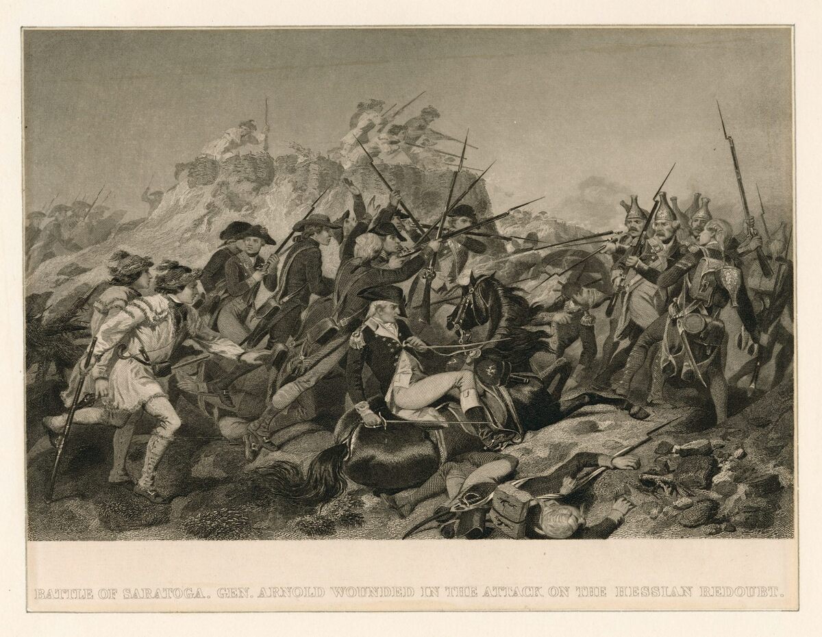  The crucial battle of Saratoga was won by the U.S. troops, but Gen. Benedict Arnold was wounded. Alonzo Chappel, artist; New York Public Library 