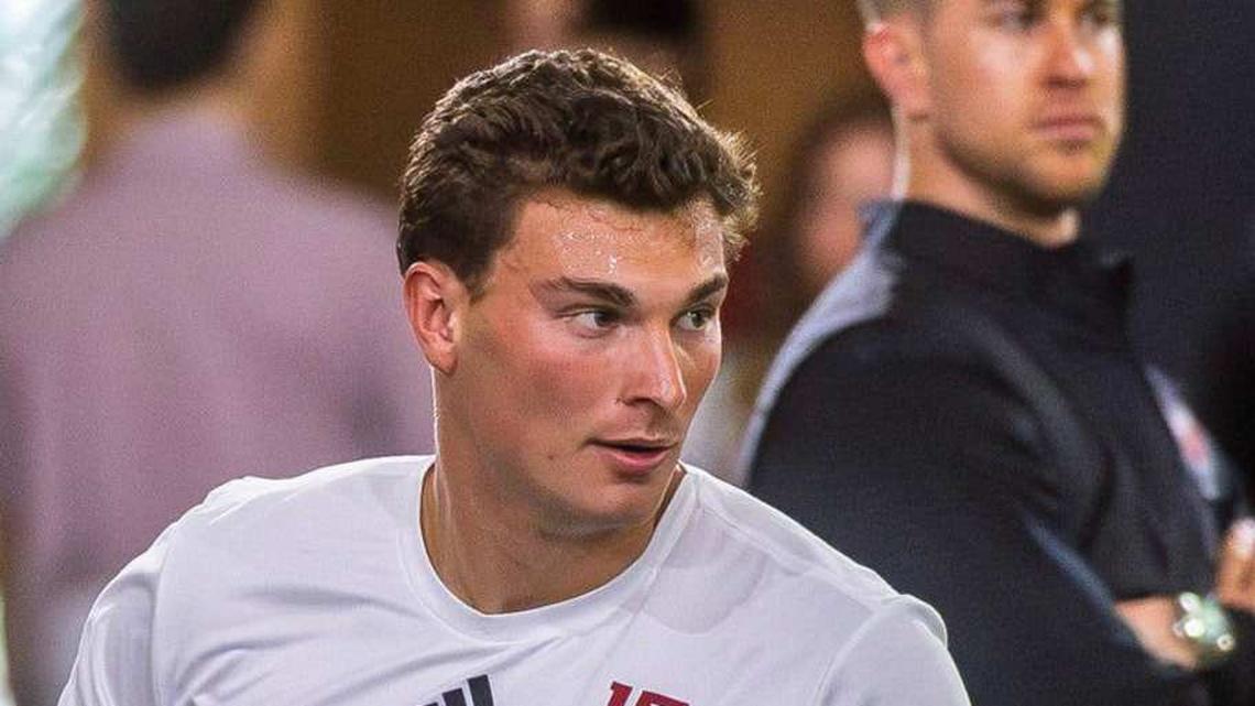  Fernando Mendoza participates in Indiana University's Pro Day at Mellencamp Pavilion on Wednesday, April 1, 2026. | Rich Janzaruk/Herald-Times / USA TODAY NETWORK via Imagn Images 