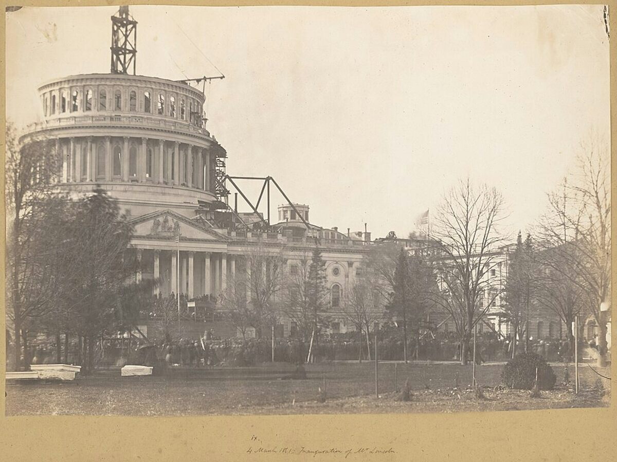  The 1861 inauguration of Abraham Lincoln took place in front of an unfinished Capitol building. Library of Congress 
