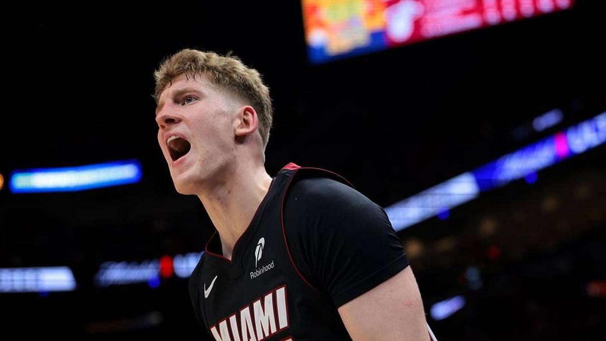  Mar 12, 2026; Miami, Florida, USA; Miami Heat guard Kasparas Jakucionis (25) reacts against the Milwaukee Bucks during the third quarter at Kaseya Center. Mandatory Credit: Sam Navarro-Imagn Images | Sam Navarro-Imagn Images 