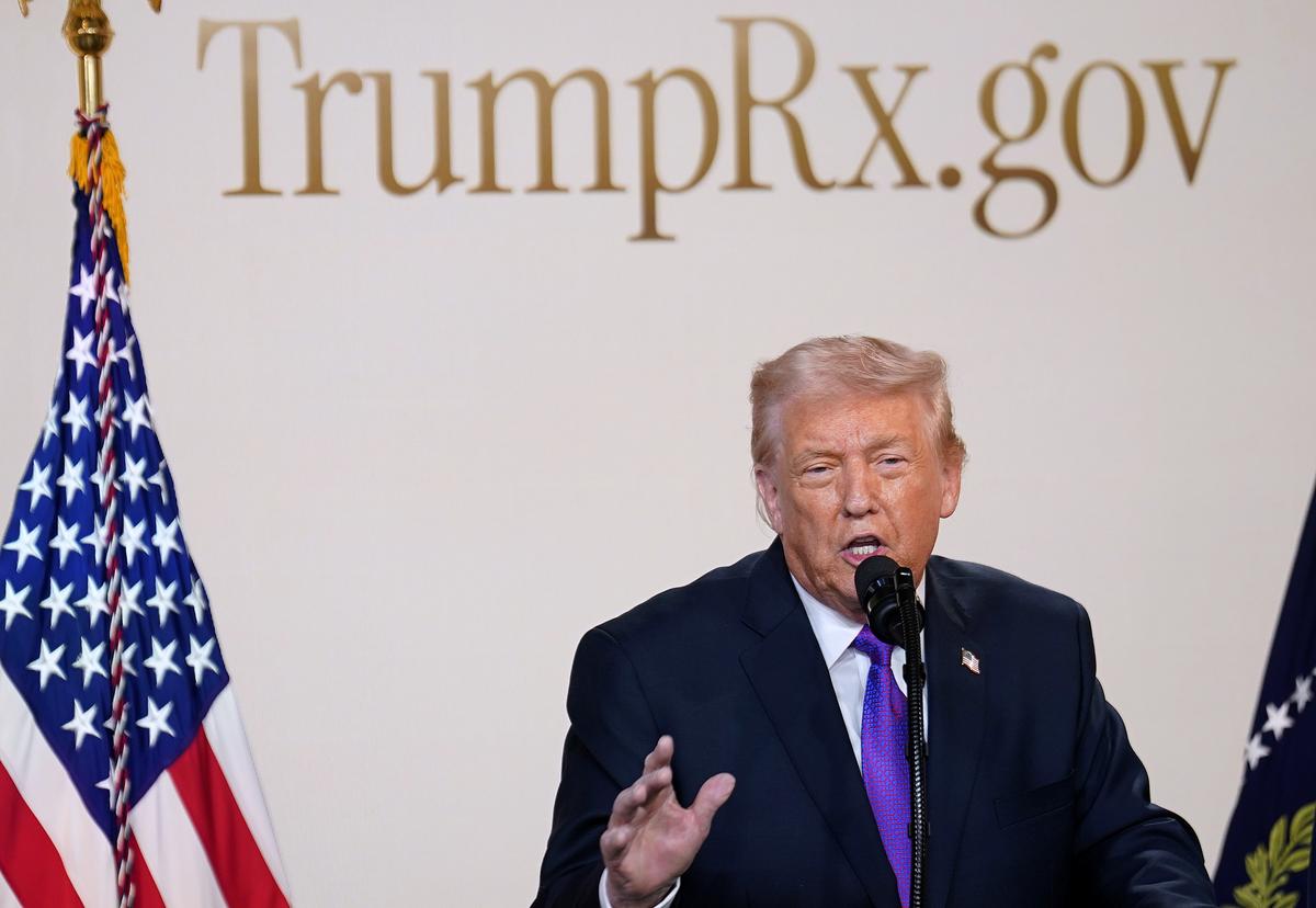  U.S. President Donald Trump speaks during an event on drug pricing in the South Court Auditorium on the White House campus on February 5, 2026, in Washington, DC. 