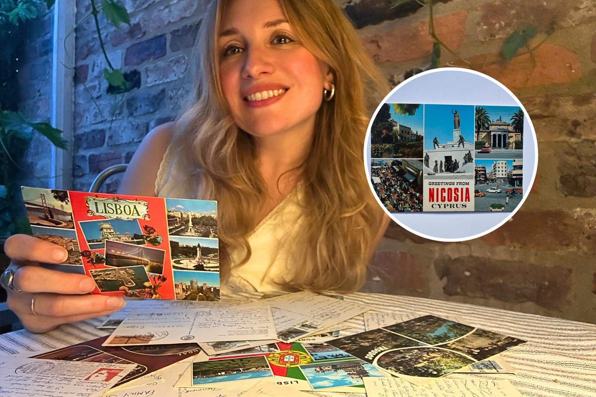  Poppy Newdick with the postcards (L); and the cover of one of the cards sent from Nicosia, Cyprus. 