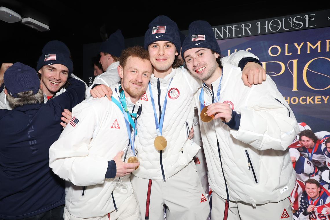  Jack Eichel, Jack Hughes and Quinn HughesPhoto by Joe Scarnici/Getty Images 