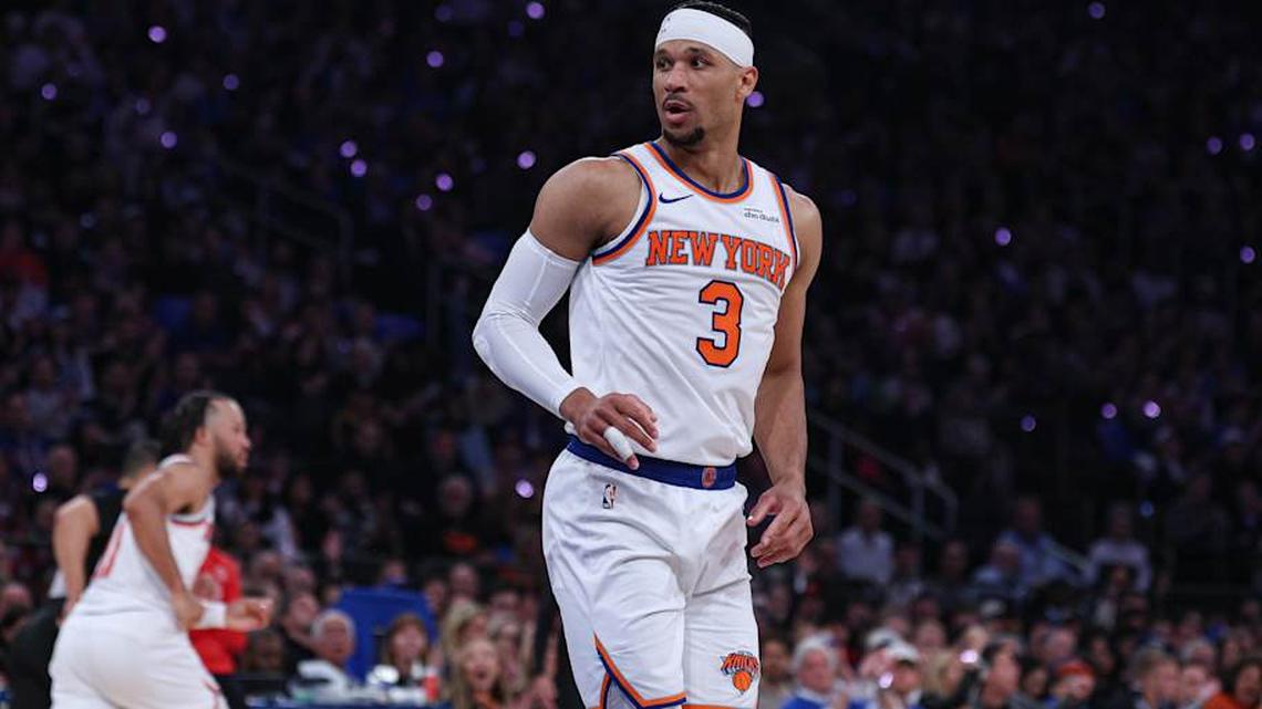  Apr 18, 2026; New York, New York, USA; New York Knicks guard Josh Hart (3) reacts during the first half of the 2026 NBA Playoffs against the Atlanta Hawks at Madison Square Garden. | Vincent Carchietta-Imagn Images 