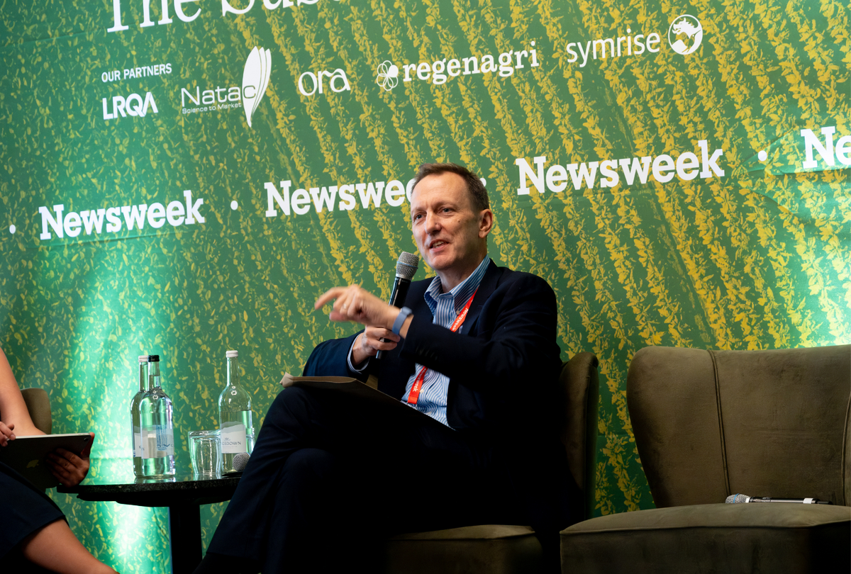  Ian Spaulding, CEO of LRQA, addresses the crowd during a fireside chat at Newsweek’s Farm to Future: The Sustainable Wellness Summit event. 