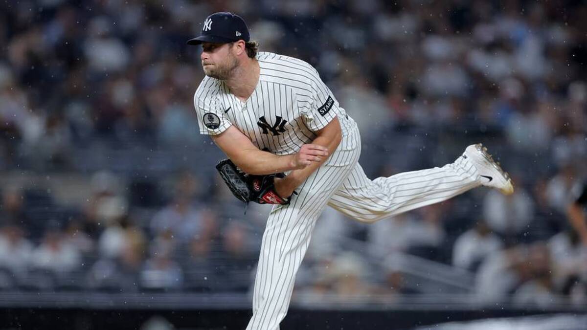  Jul 3, 2026; Bronx, New York, USA; New York Yankees starting pitcher Gerrit Cole (45) follows through on a pitch against the Minnesota Twins during the fourth inning at Yankee Stadium. Mandatory Credit: Brad Penner-Imagn Images | IMAGN IMAGES via Reuters Connect 