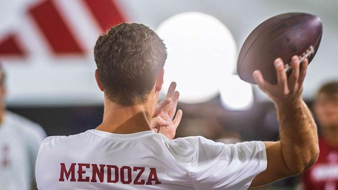  Fernando Mendoza participates in Indiana University's Pro Day at Mellencamp Pavilion on Wednesday, April 1, 2026. | Rich Janzaruk/Herald-Times / USA TODAY NETWORK via Imagn Images 