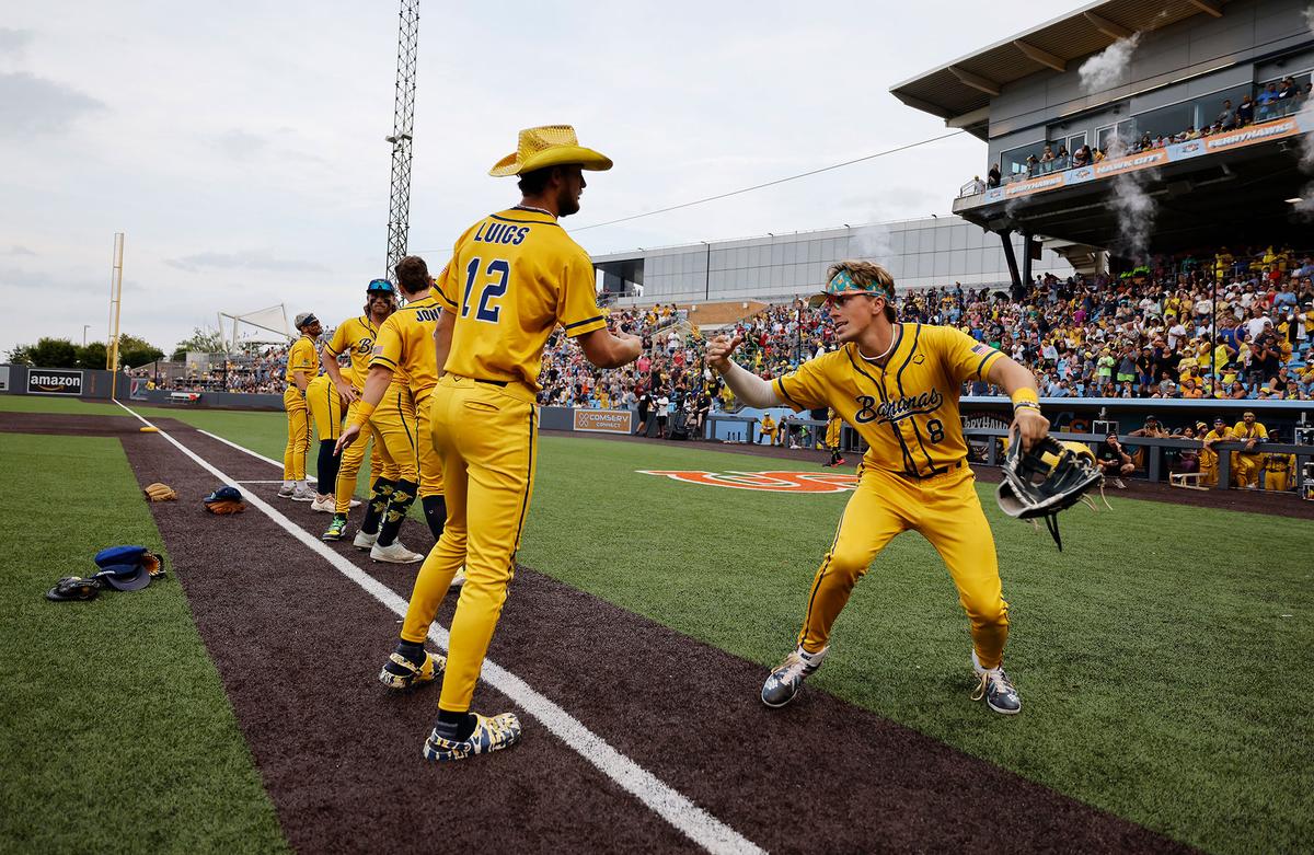  Jackson Olson #8 of the Savannah Bananas is introduced before the game against the Party Animals.Al Bello/Getty Images 