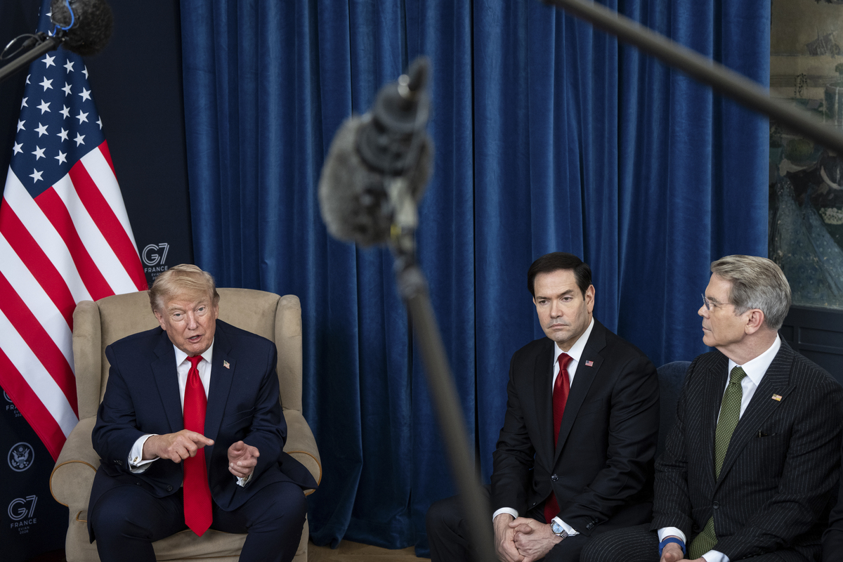 President Donald Trump, left, speaks during a meeting with President Mohamed bin Zayed Al Nahyan of the United Arab Emirates at the G7 Summit in Evian-les-Bains, France, June 16, 2026. From right: Secretary of the Treasury Scott Bessent, Secretary of State Marco Rubio and Trump. (Haiyun Jiang/The New York Times)