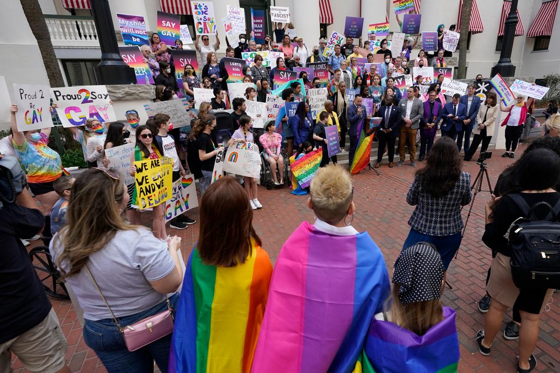 Demonstrators gather on the steps of the Florida Historic Capitol Museum in front of the Florida State Capitol on March 7 in Tallahassee to protest the Legislature’s “Don’t Say Gay” bill.