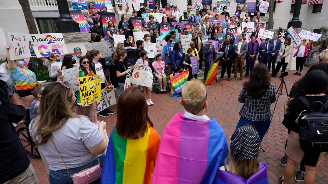 Demonstrators gather on the steps of the Florida Historic Capitol Museum in front of the Florida State Capitol on March 7 in Tallahassee to protest the Legislature’s “Don’t Say Gay” bill.