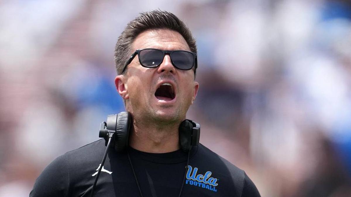  May 2, 2026; Pasadena, CA, USA; UCLA Bruins coach Bob Chesney reacts during the spring game at Rose Bowl. Mandatory Credit: Kirby Lee-Imagn Images | Kirby Lee-Imagn Images 