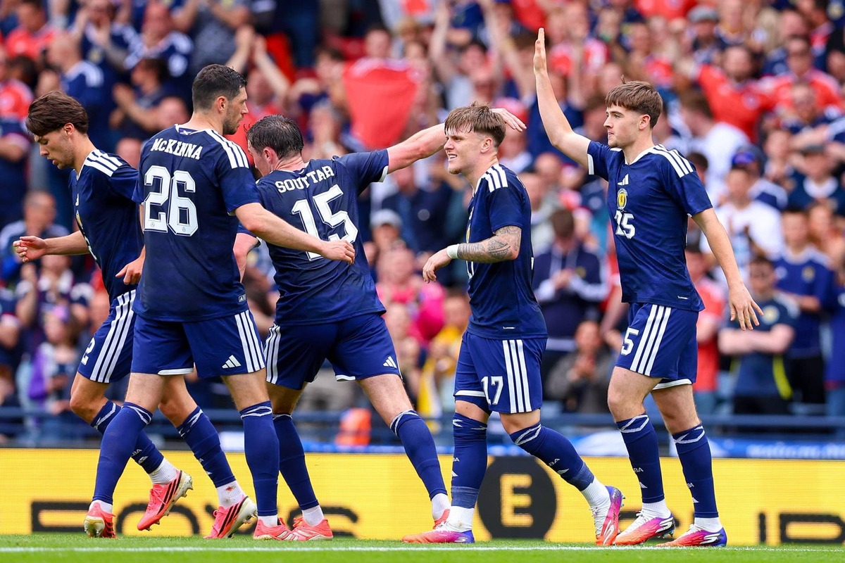  Findlay Curtis of Scotland celebrates after scoring his team's first goal with teammates during the international friendly match between Scotland and Curacao at Hampden Park on May 30, 2026 in Glasgow, United Kingdom. (Photo by Ryan Crockett/DeFodi Images/DeFodi via Getty Images) Photo by Ryan Crockett/DeFodi Images/DeFodi via Getty Images