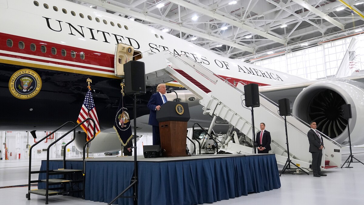 Trump. President Donald Trump speaks after touring the newly designated Air Force One presidential aircraft at Joint Base Andrews, Md., Friday, June 19, 2026. (AP Photo/Manuel Balce Ceneta)