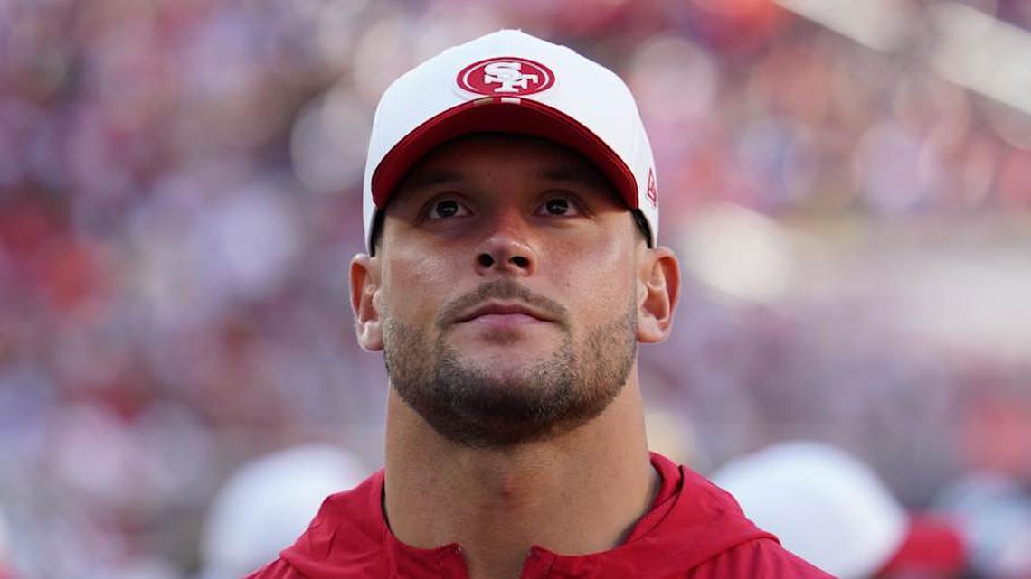  Aug 9, 2025; Santa Clara, California, USA; San Francisco 49ers defensive lineman Nick Bosa (97) watches from the sidelines in the first quarter against the Denver Broncos at Levi's Stadium. Mandatory Credit: David Gonzales-Imagn Images | David Gonzales-Imagn Images 