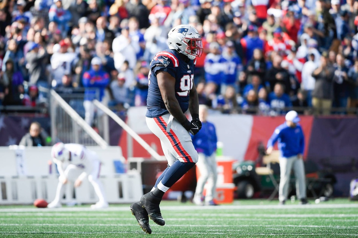  New England Patriots defensive tackle Christian Barmore (90) reacts after a sack during the first half against the Buffalo Bills at Gillette Stadium. Bob DeChiara-Imagn Images