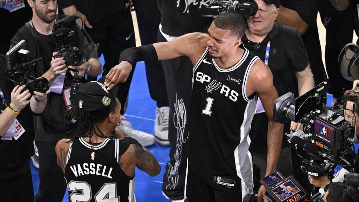  Victor Wembanyama was visibly emotional after the Spurs beat the Thunder in Game 7 of the Western Conference finals | Jerome Miron-Imagn Images 