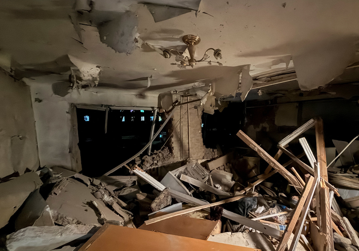 The interior of a damaged flat in an apartment building hit by a Russian air strike, amid Russia's attack on Ukraine, in Sumy, Ukraine July 3, 2026. Picture taken with a mobile phone. REUTERS/Stringer