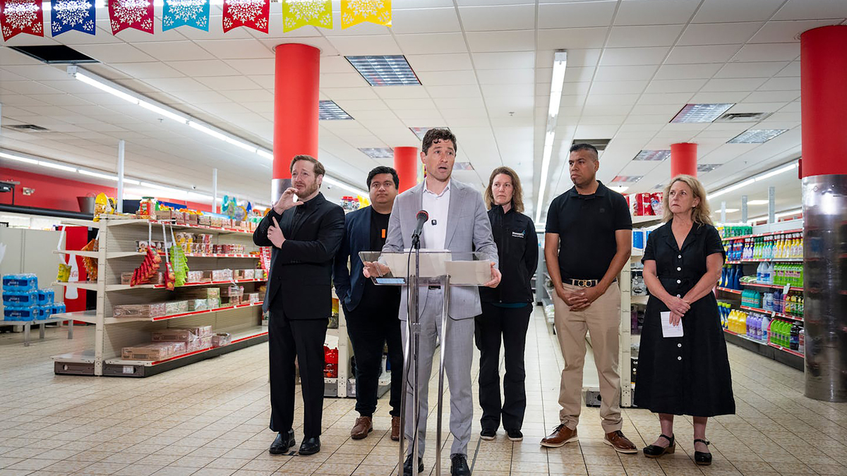 Minneapolis Mayor Jacob Frey speaks during a press conference with Minneapolis City leaders and business owners held at Colonial Market & Restaurant in Minneapolis, on Wednesday, June 10, 2026. Minneapolis City leaders announces an updated Impact Assessment, which estimates Operation Metro Surge (OMS) cost the City, residents and businesses nearly $700 million. (Leila Navidi/The Minnesota Star Tribune/TNS)