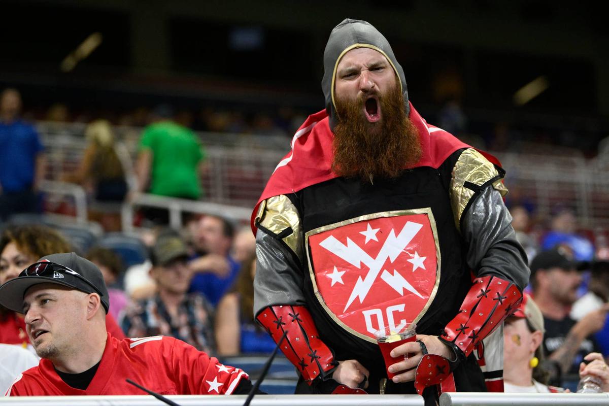  A D.C. Defenders fan reacts during the XFL conference championship game between the Defenders and St. Louis Battlehawks on June 8, 2025, in St. Louis, Missouri. Jeff Le-Imagn Images