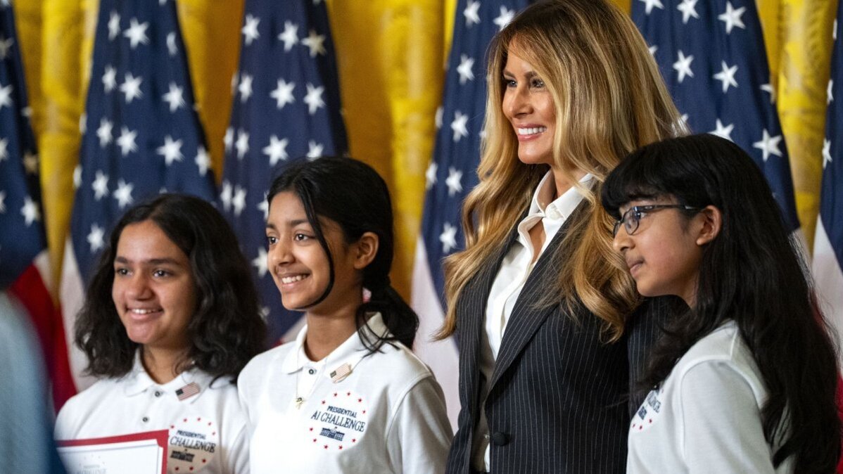 First lady Melania Trump poses with winners of the Presidential AI Regional Challenge on Tuesday in the East Room of the White House in Washington, D.C. The challenge recognizes both student and educator teams who designed AI-based solutions for community challenges. Photo by Bonnie Cash/UPI